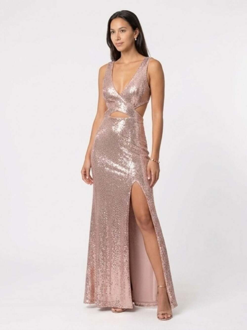 BCBGMaxazria Sequin Cutout Gown in Rose Gold, Size M